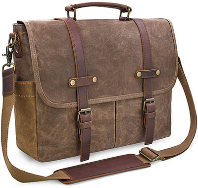 Men's Messenger Bag, 15.6 inch Leather, Waxed Canvas Briefcase