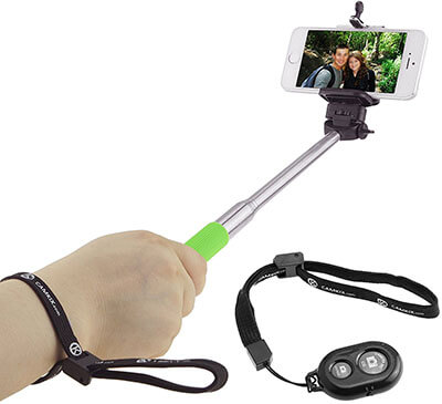 Camkix Green Selfie Stick with Bluetooth Remote