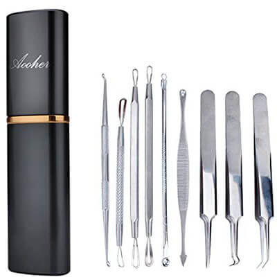 Aooher Professional Stainless Steel Comedone Extractor 9 Pcs Tools
