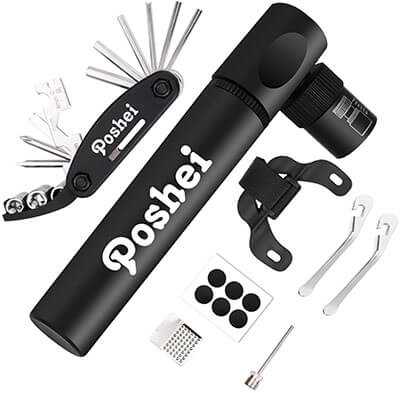 Poshei Mini Bike Pump with Multi-Function Bike Repair Tools Kit