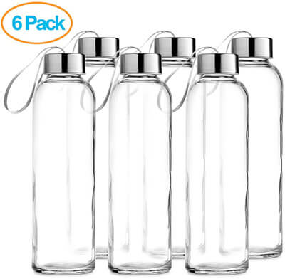 Chefs Star Glass Water Bottle With Carrying Loop, 6 Pack
