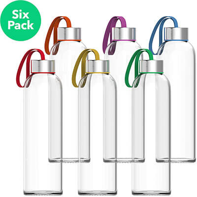 Vremi 18 oz Glass Water Bottles, Stainless Steel Caps, 6 Pack