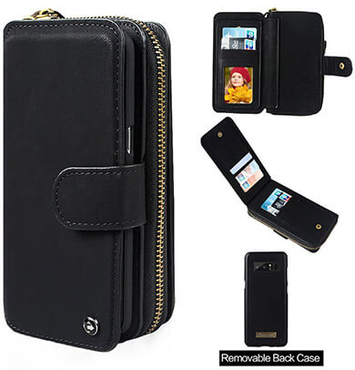 Cornmi Galaxy Note 8 Leather Wallet Case with Wrist Strap & Mirror Zipper