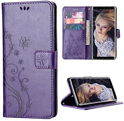 FLYEE Galaxy Note 8 Case, Flip Case Wallet Leather Emboss Butterfly Flower Folio Magnetic Protective Cover