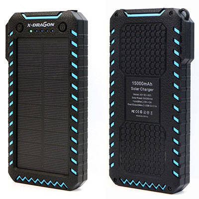 X-DRAGON 15000mAh Power Bank Dual USB Solar Panel Battery Charger with Dual Super Bright LED Light
