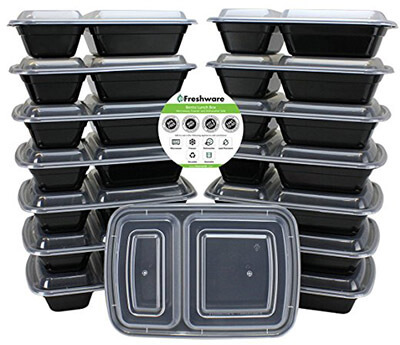 Freshware 2 Compartment Bento Lunch Boxes with Lids, (15-Pack)