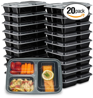 Ez prepa 3 Compartment Meal Prep Containers with Lids (20 Pack)