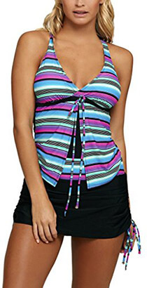 Sidefeel Women Printed Tankini Two- Pieces Swimsuit Set, With Skirtini