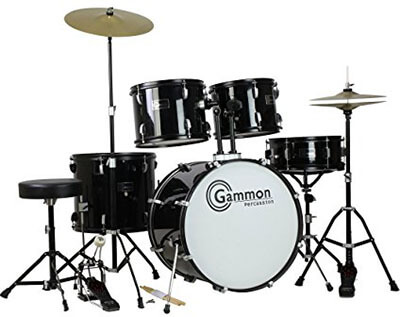 Gammon Percussion Full-Size Complete Set of Cymbals Stands Stool and Sticks, Adult 5 Piece Drum Set