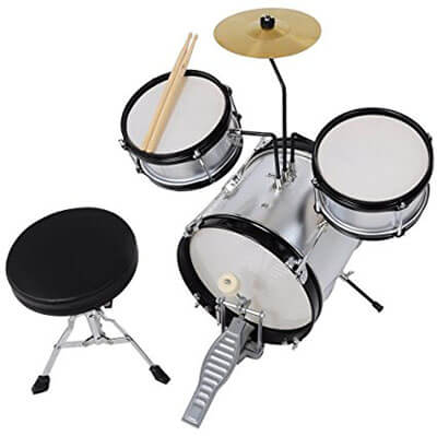 AW 3 Pieces Junior Kid Children Drum Set Kit Sticks Cymbal Bass Snare Boy, Throne Silver