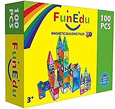 FunEdu Magnetic-tile Building Block Toy Set, Super Strong Magnets, 100-piece with Vivid Clear Color