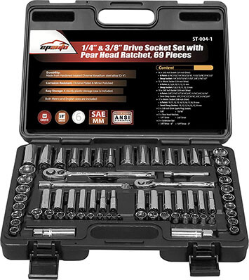 EPAuto 1/4” & 3/8” Drive Socket Set with Pear Head Ratchet, 69 Pieces