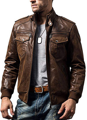 FLAVOR Men Biker Leather Motorcycle Jacket - Retro Brown