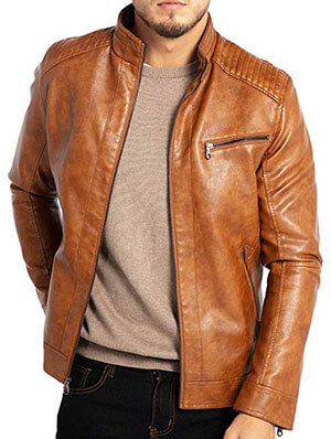 WULFUL Stand Collar Leather Jacket for men