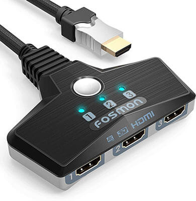 Fosmon Three-Port HDMI Switch, HDMI 2.0, HDR, HDCP 2.2, 4K@60HZ 1080p Wall-Mountable HDMI Switcher