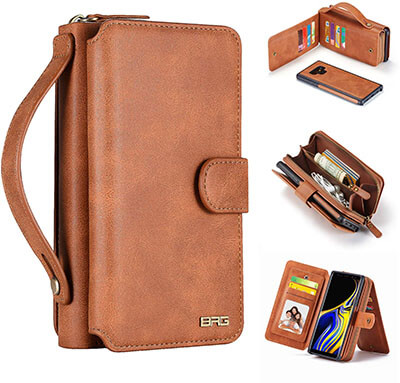 BRG PU Leather Flip Folio Removable Cover Zipper Purse with 11 Slots