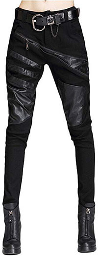 Minibee Women's Patchwork Leather Fashionable Personalized Trousers Punk Style