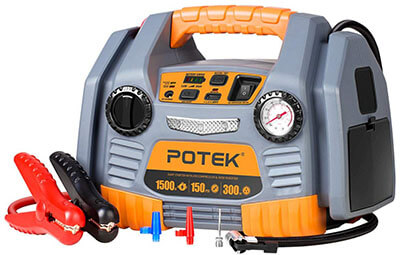 POTEK Portable Power Source: 1500 Peak/750 Instant Amps Jump Starter, 150 PSI Air Compressor, 300W Inverter