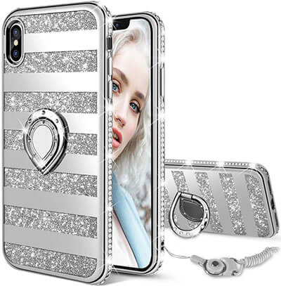 Maxdara Case iPhone XS Max Glitter Case Striped Ring Grip Holder Kickstand