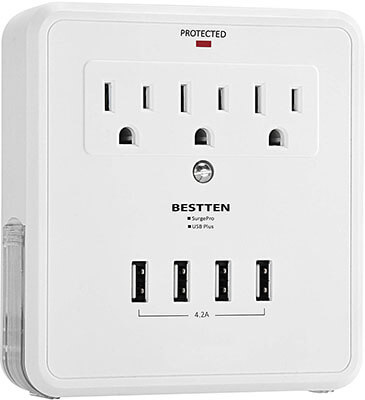 Bestten Multi-Outlet Wall-Mount Adapter Surge-Protector with 4 USB Charging Ports