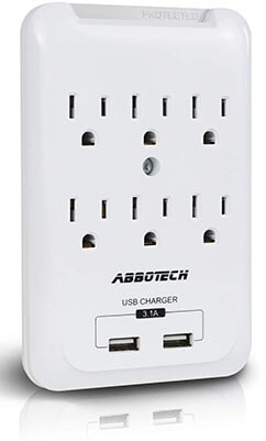 AbboTech Multi-Outlet Wall Mount Adapter with 6AC Outlets with Dual 3.1A USB Charging Port- Surge Protector