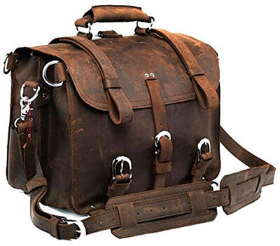 Polare Men's Full Grain Leather Briefcase Shoulder Messenger Bag, 16''