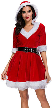 Simplecc Mrs. Claus Costume Christmas Dress for Women Hooded Role Play Outfits